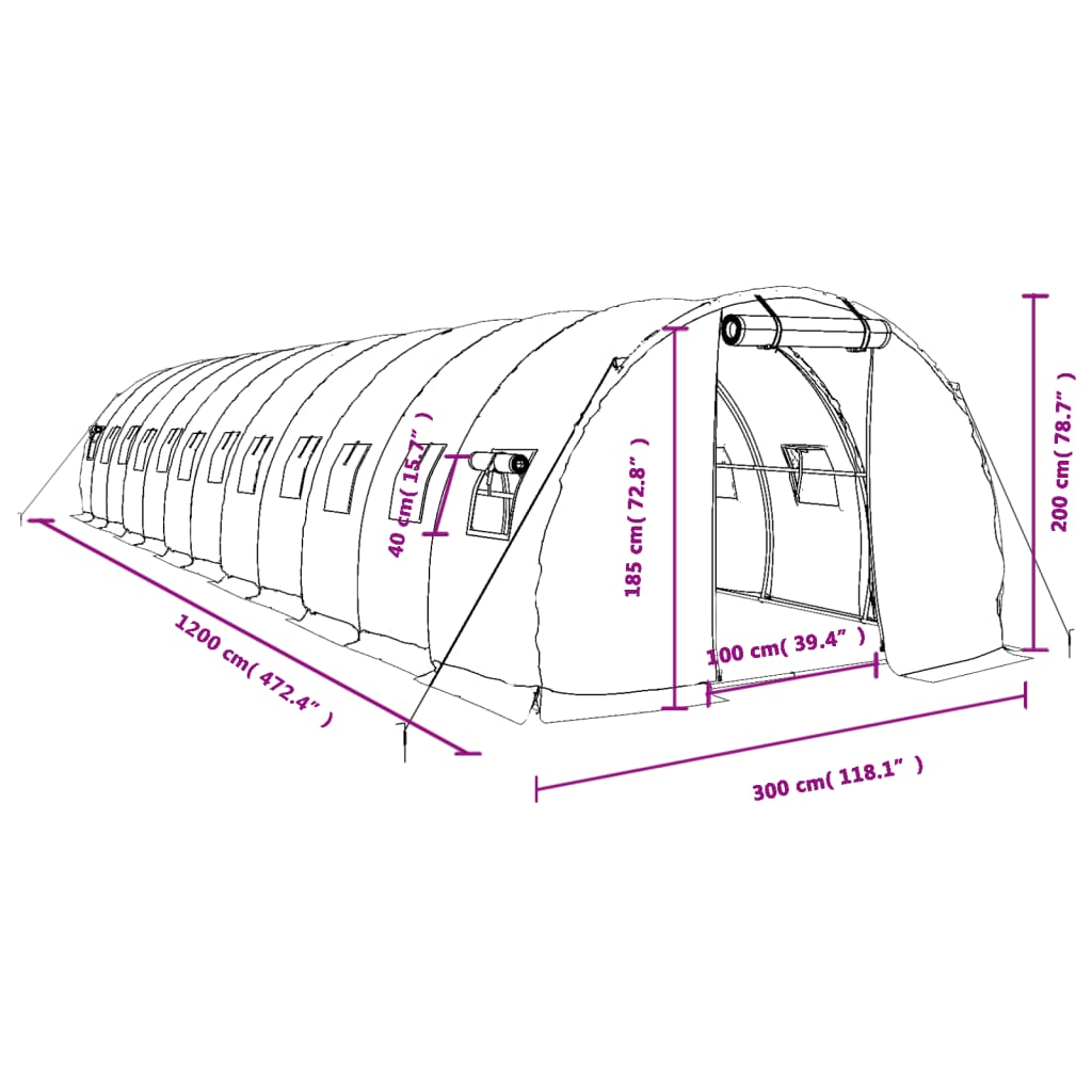 vidaXL kasvuhoone terasraamiga, valge, 36 m², 12x3x2 m