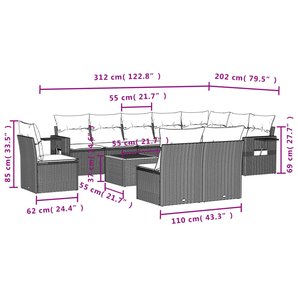 vidaXL 11-osaline aiadiivani komplekt patjadega, hall, polürotang