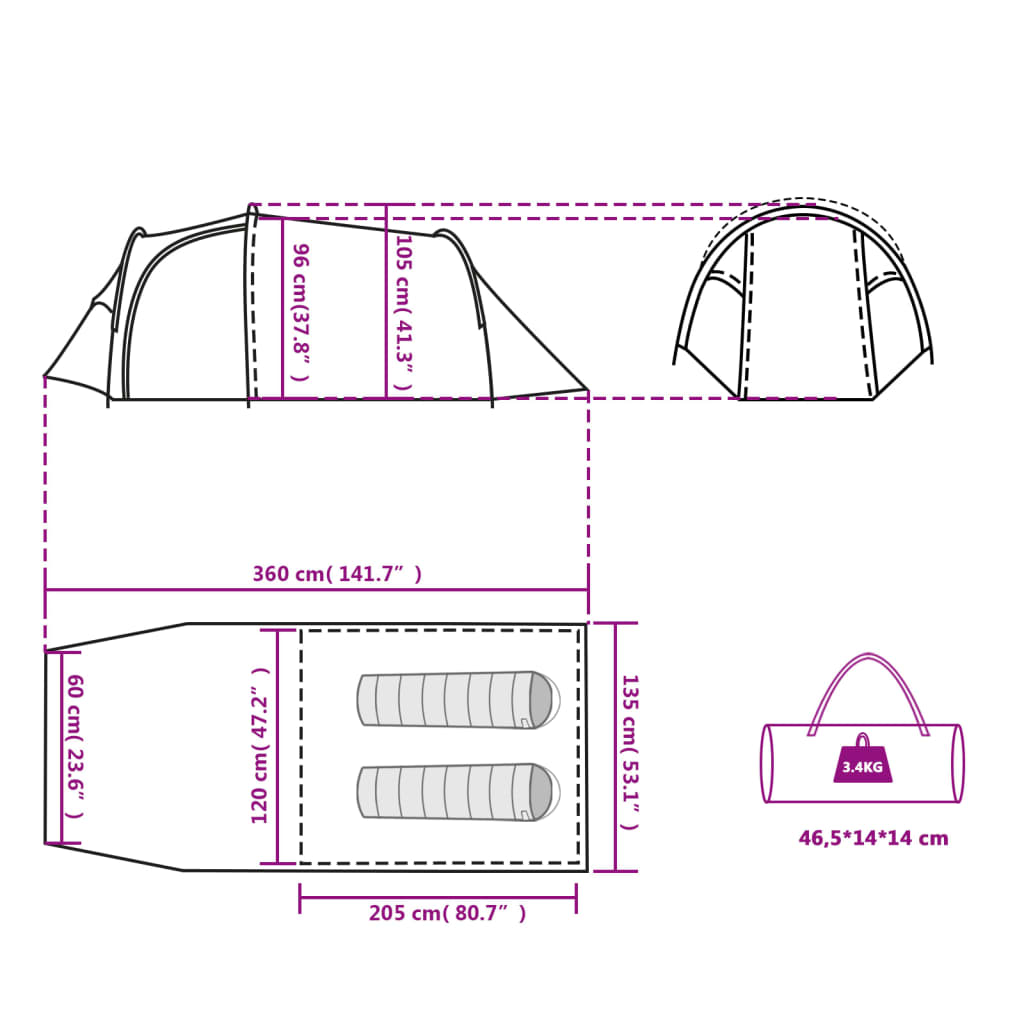 vidaXL 4 inimese matkatelk, roheline, 360 x 140 x 105 cm, 185T taft