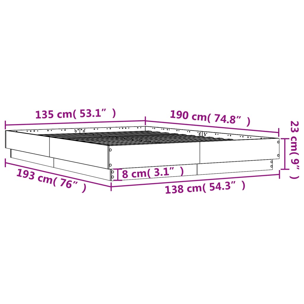 vidaXL voodiraam, betoonhall, 135 x 190 cm, tehispuit