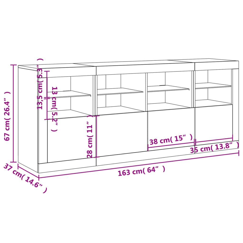 vidaXL puhvetkapp LED-tulega, valge, 163 x 37 x 67 cm