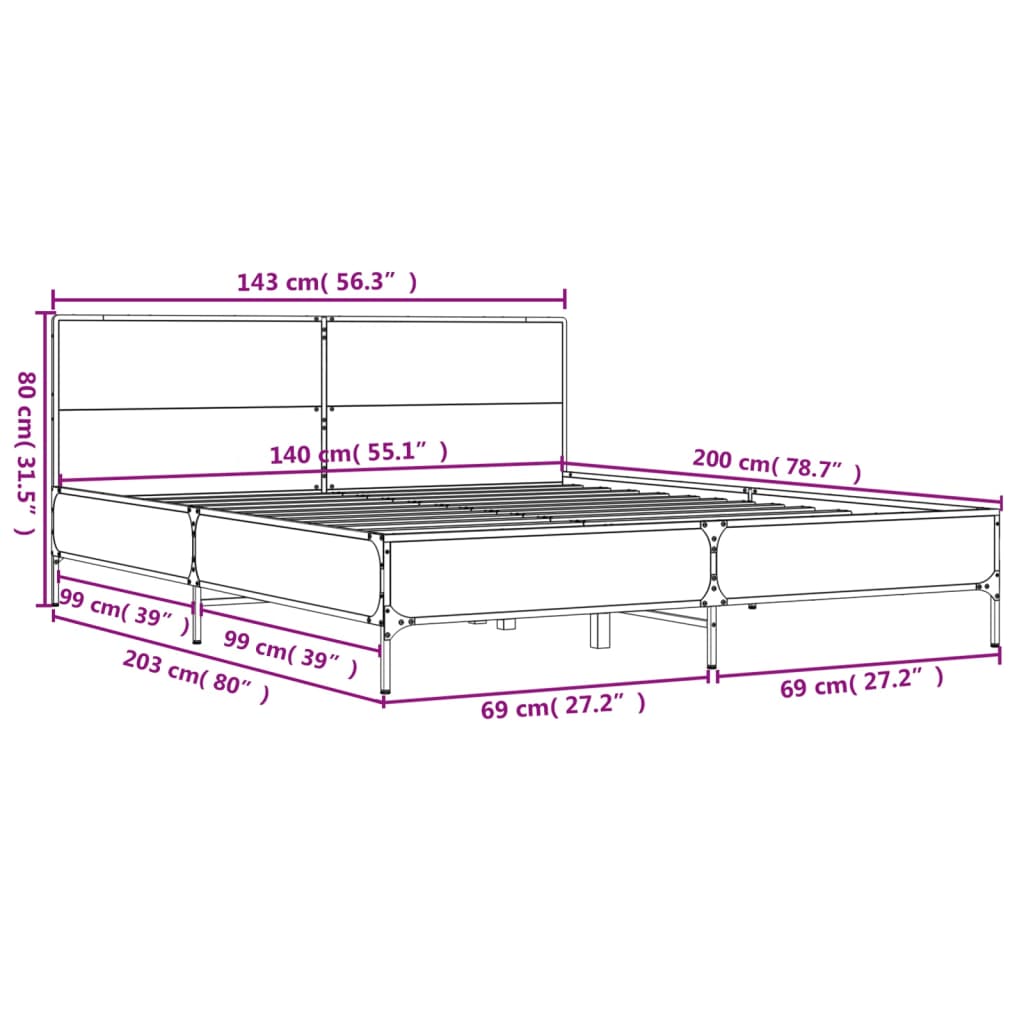 vidaXL voodiraam, suitsutatud tamm, 140 x 200 cm, tehispuit ja metall