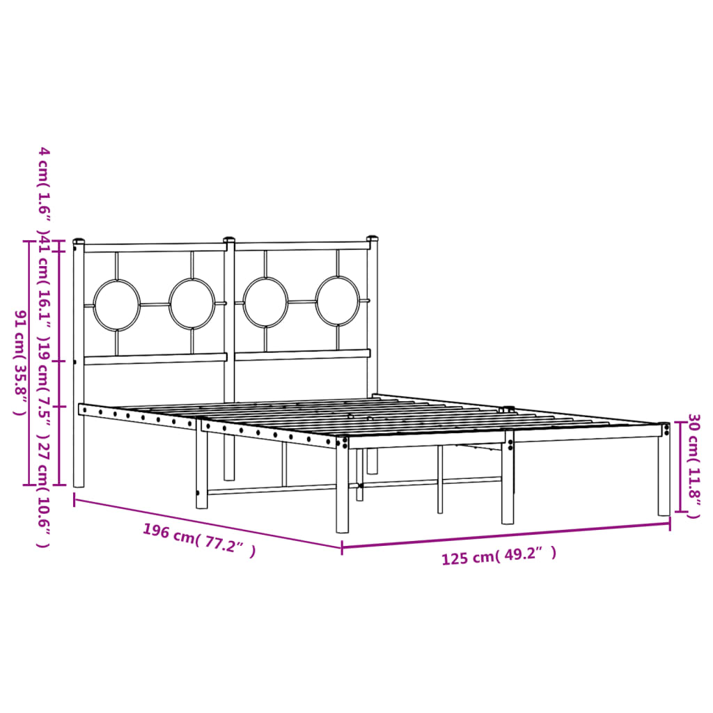 vidaXL metallist voodiraam peatsiga, must, 120x190 cm