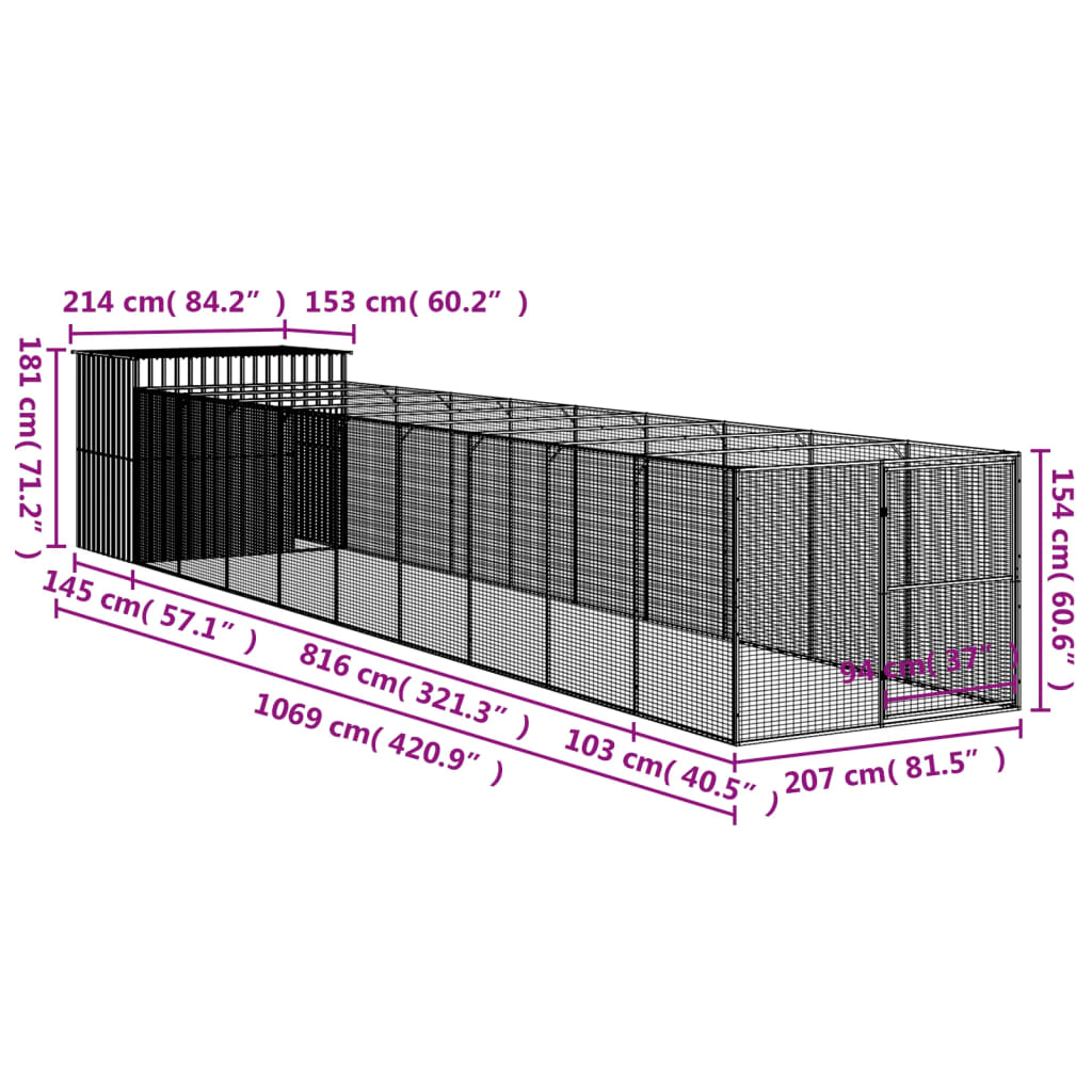 vidaXL koerakuut aedikuga, antratsiithall, 214x1069x181 cm, teras