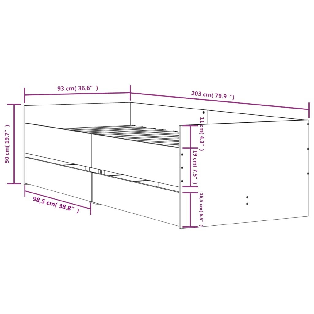 vidaXL sahtlitega voodiraam, hall Sonoma tamm, 90 x 200 cm