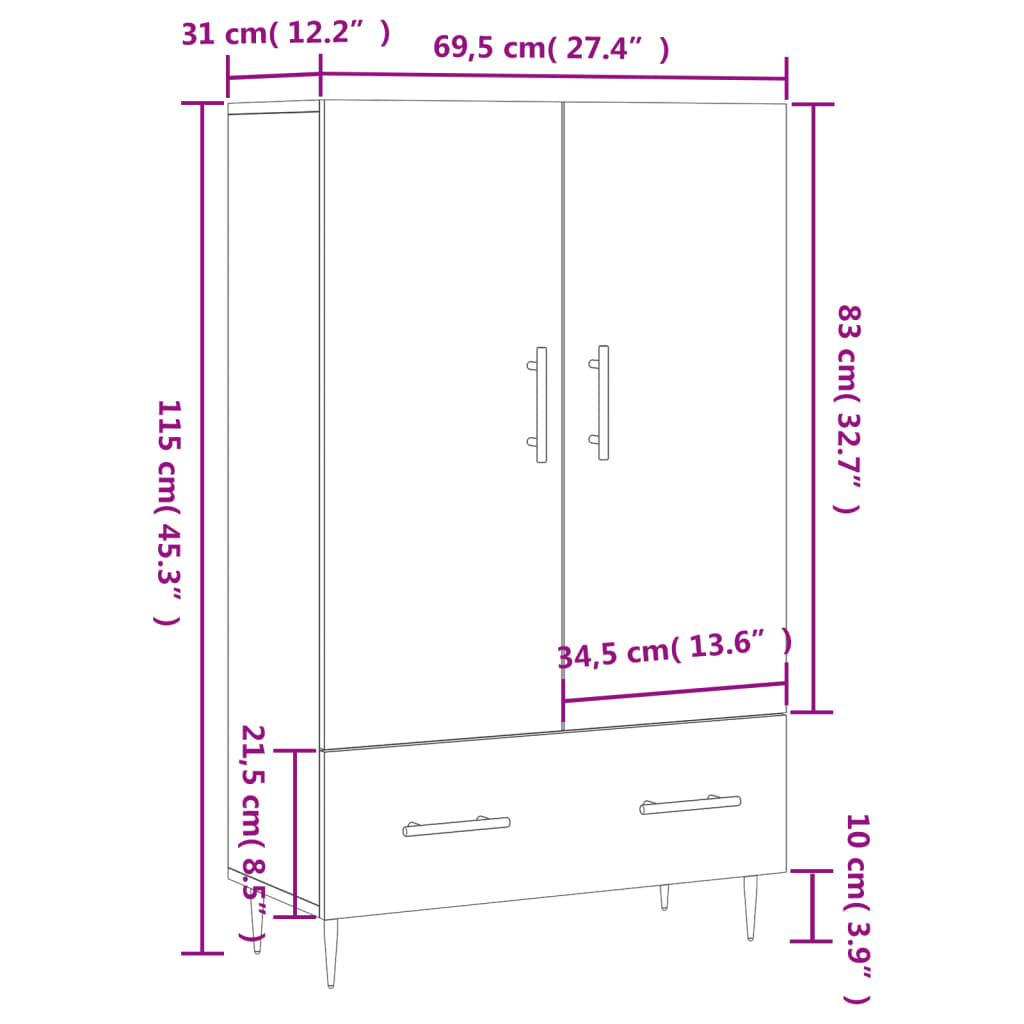 vidaXL kõrge kapp, hall Sonoma tamm, 69,5 x 31 x 115 cm, tehispuit