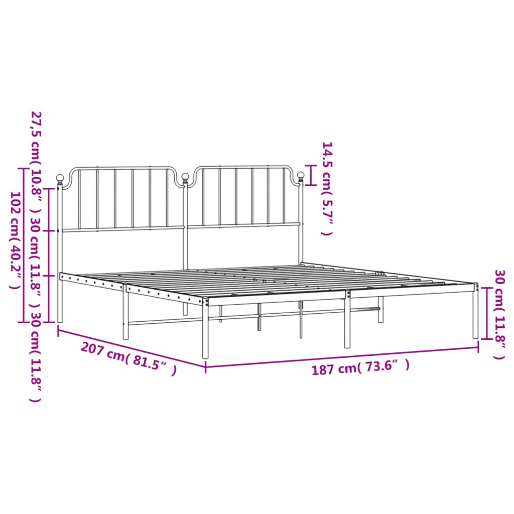 vidaXL metallist voodiraam peatsiga, valge, 180x200 cm