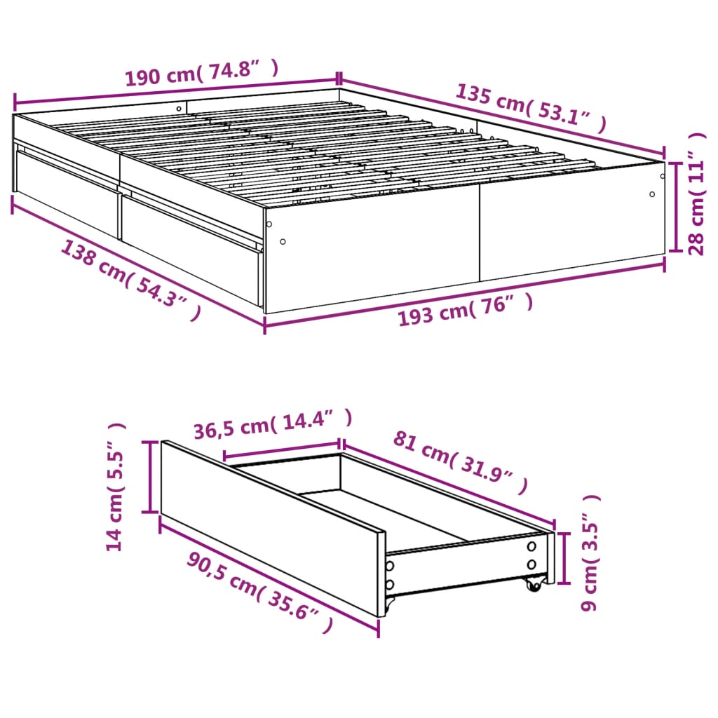 vidaXL voodiraam sahtlitega, must, 135x190 cm, tehispuit